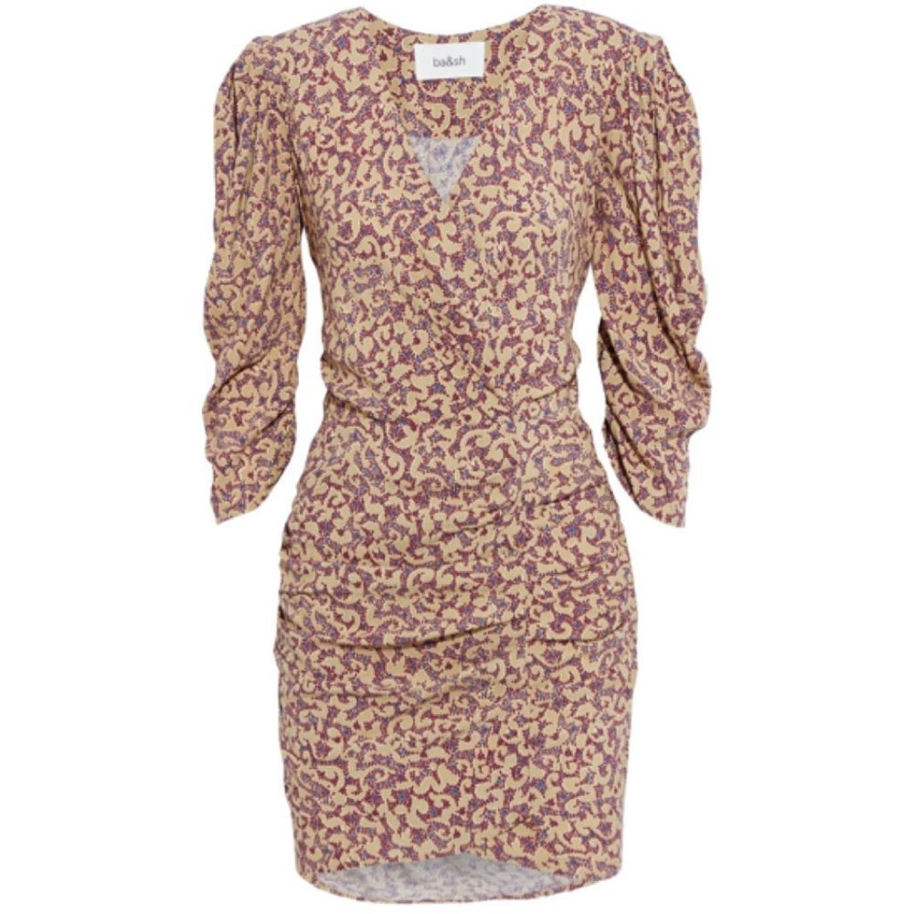 Ba&sh Crystal Ruched Floral Print Crepe Mini Dress XS